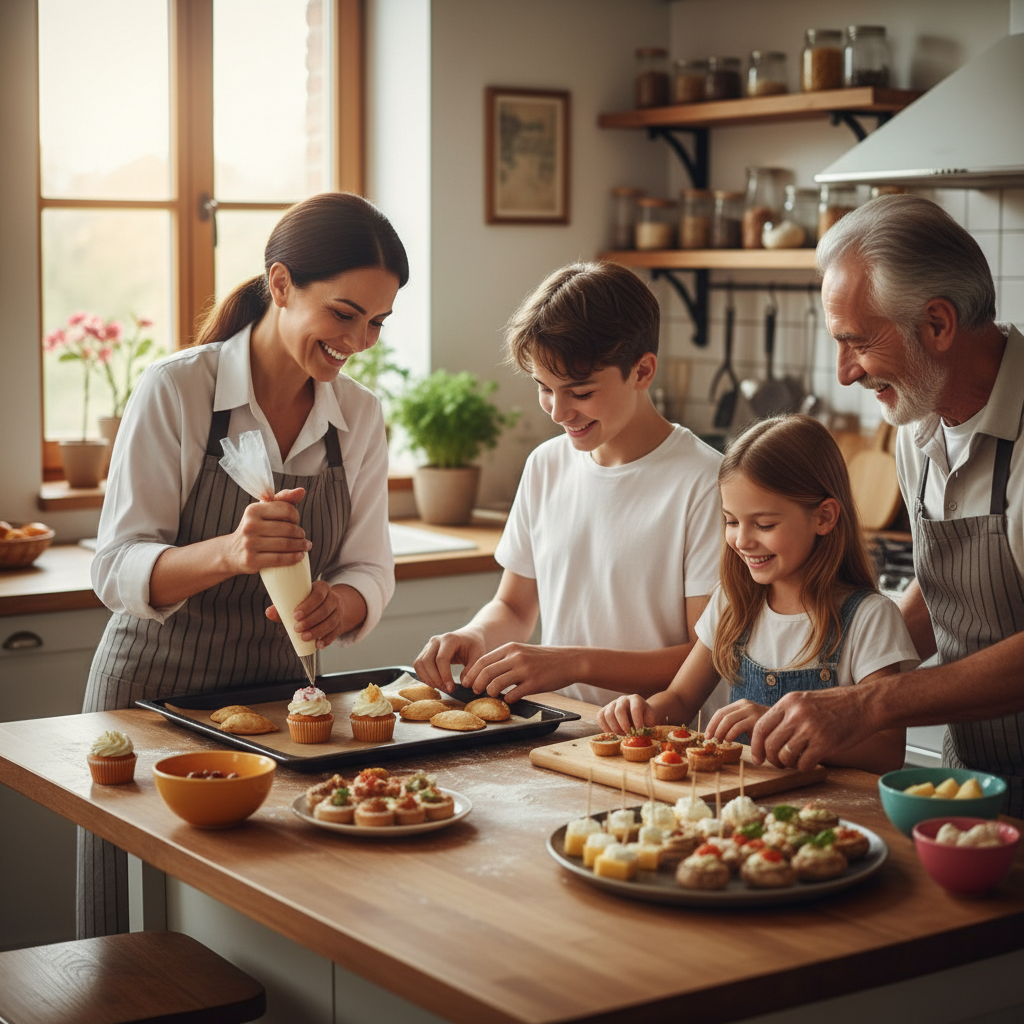 Familia cocinando bocaditos en casa