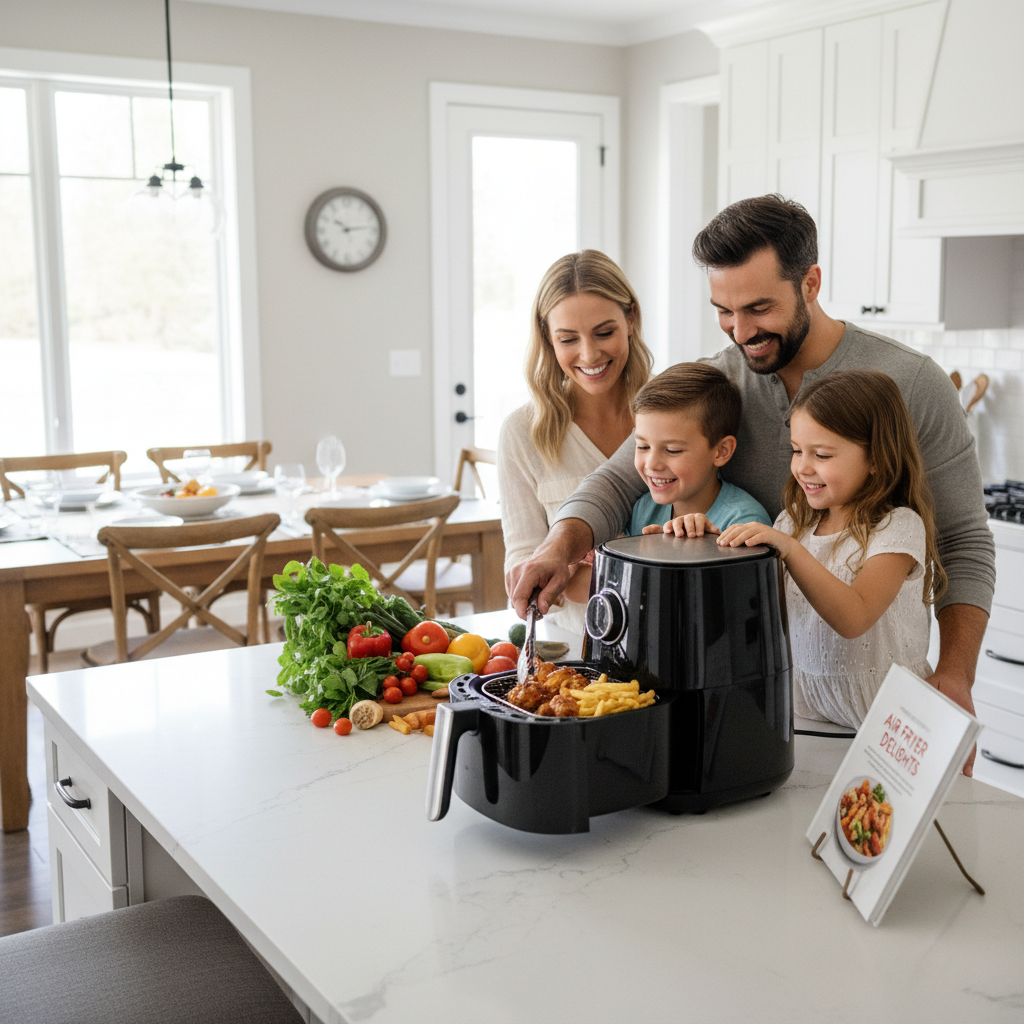 Familia cocinando con freidora de aire