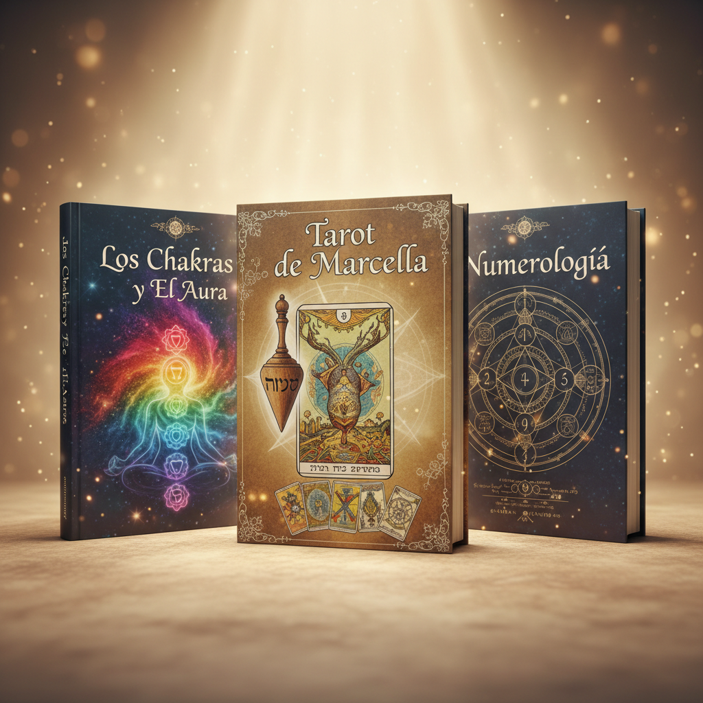 Pack de 4 libros con nombres: Los Chakras y El Aura, Péndulos Hebreo, Tarot de Marcella y Numerología